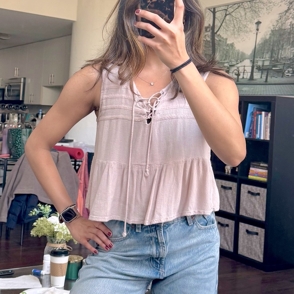 Lace-Up Cream Sleeveless Top